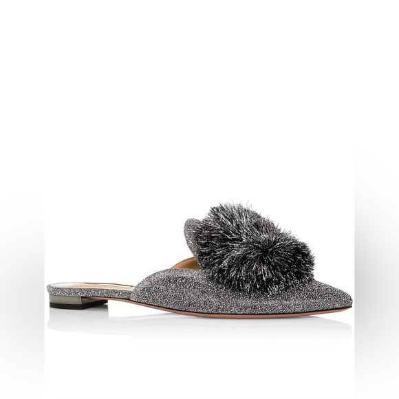 Aquazzura Powder Puff pom-pom mules in silver glitter size 39.5
